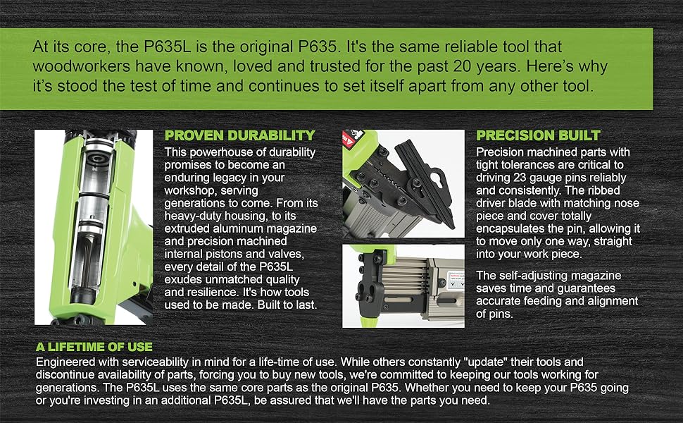 P635L 23 gauge headless pinner Grex P635 1-3/8 Best just got better Lock out Edge Guide