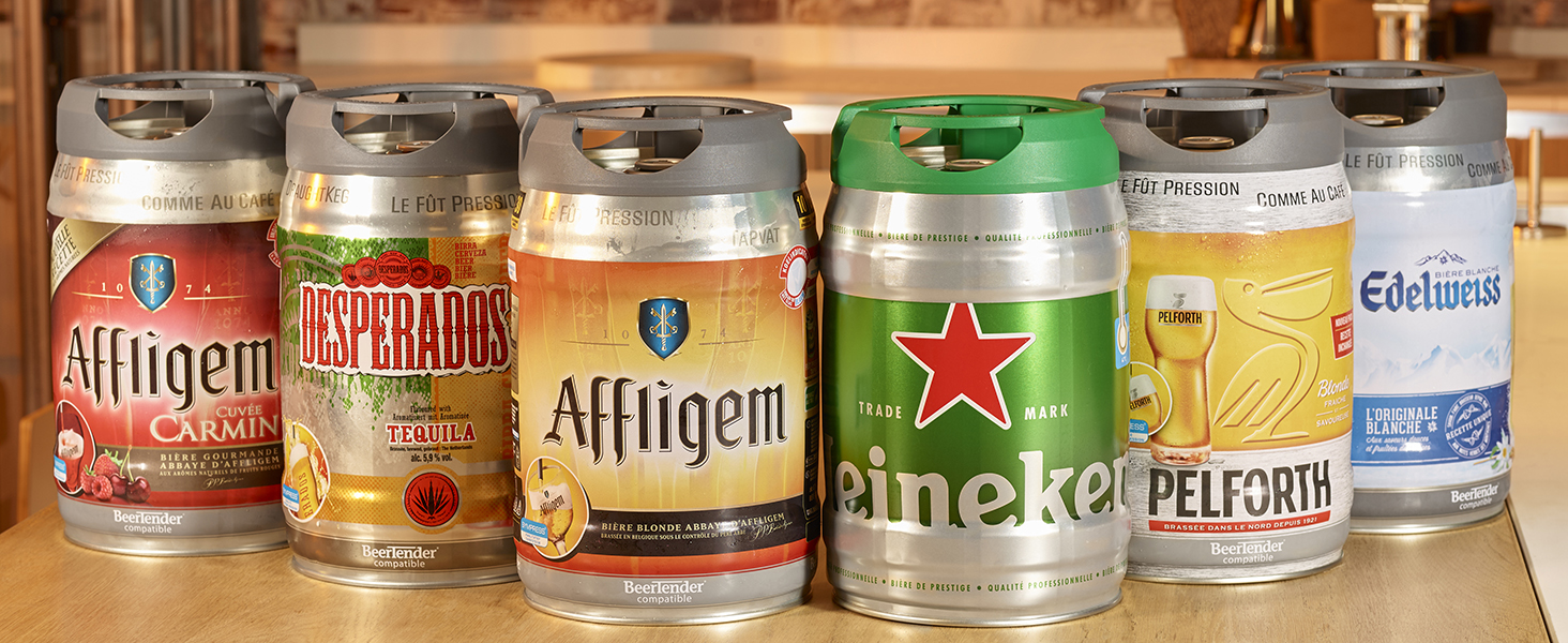 6 fûts de bière: Affligem blonde, cuvée carmin, Desperados, Heineken, Perlforth, Edelweiss blanche